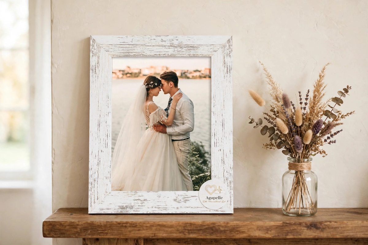 The Agapelle Frame — white rustic wood frame with wedding photo and Agapelle seal